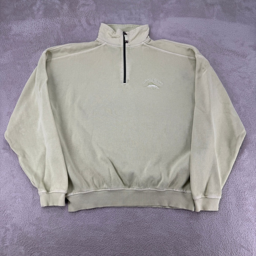 Tommy Bahama Mens Relax 1/4 Zip Pullover Size Medium Tan Preowned Ribbed Cotton